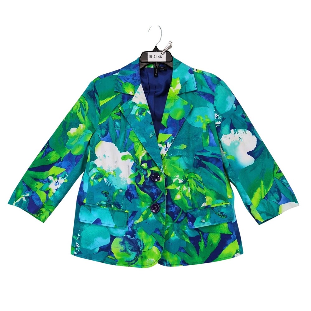 New Directions Blue Green Floral Blazer Womens XL Watercolor Tropical Resort